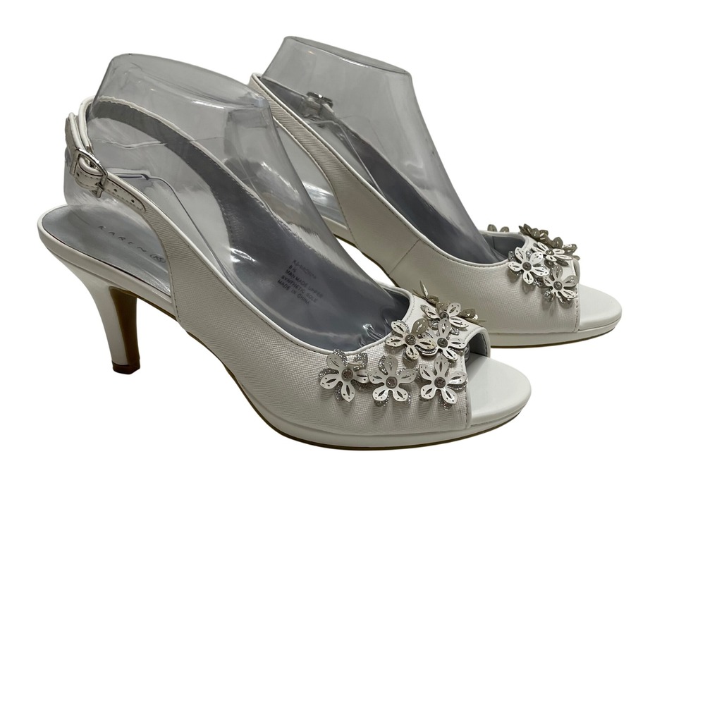 White 3D Floral Slingback Kitten Heels Open Toe 8.5 Bridal Wedding Coquette Girl
